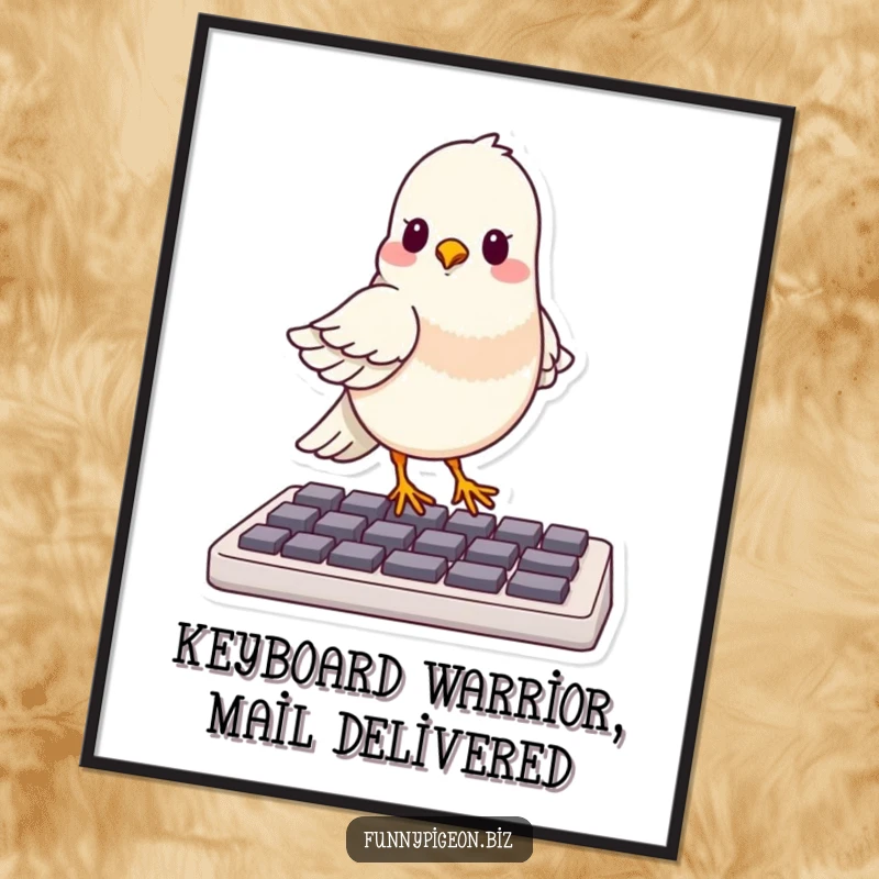Funny free printable wall art: A pigeon with a self-satisfied grin confidently balances on a computer keyboard, ready to hack the system.