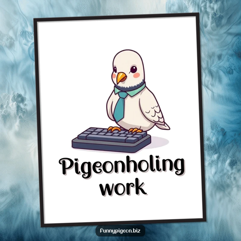 Funny Free Printable Wall Art: A tiny pigeon wearing a business tie awkwardly pecks at a computer keyboard.