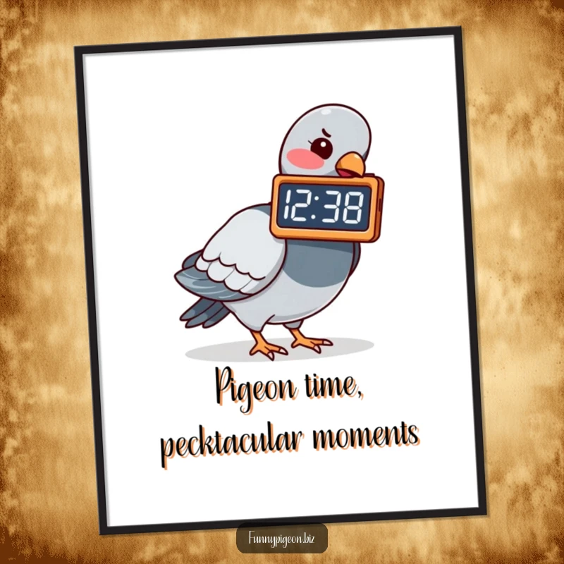 Funny Free Printable Wall Art of a pigeon playfully pecking a digital clock, demanding a more humorous time display.