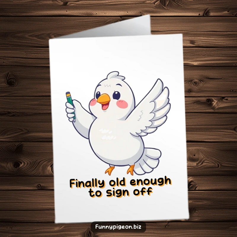 Funny free printable birthday card: Chubby pigeon soaring with a pen in its beak, looking triumphant and ready to celebrate.