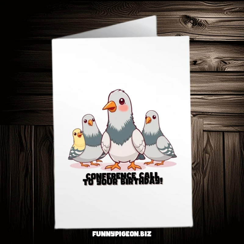 Funny Free Printable Birthday Card showing a pigeon enthusiastically nodding during a pretend conference call with other pigeons.