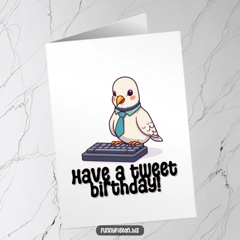 Funny Free Printable Birthday Card: Tiny pigeon in an office tie awkwardly pecks at a computer keyboard.