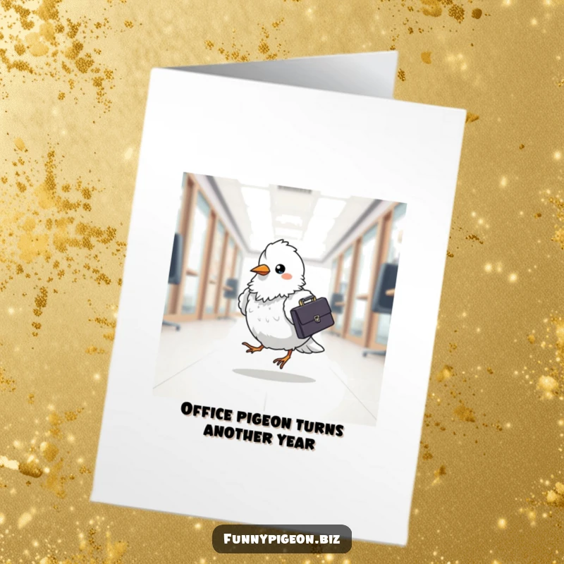 Funny Free Printable Birthday Card: Fluffy pigeon with briefcase, rushing to celebrate, a hilarious office gift.
