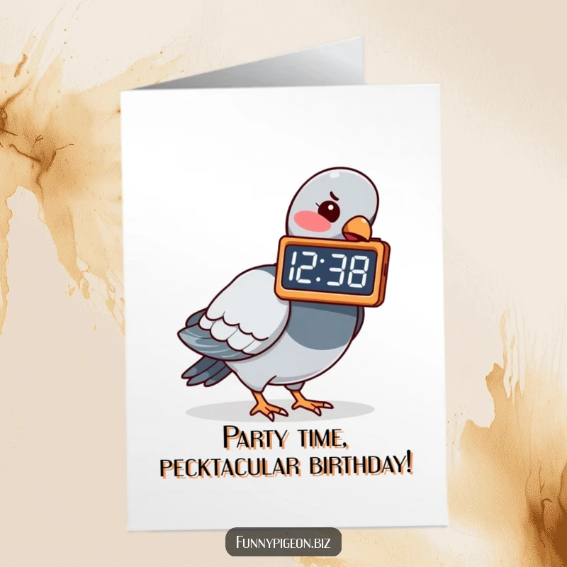 Funny Free Printable Birthday Card showing a pigeon playfully pecking at a digital clock displaying a nonsensical hour.