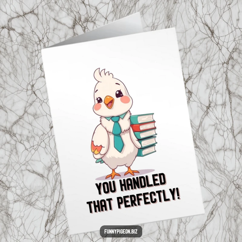 Funny free printable congratulations card of a pigeon in a tie struggling to balance many files, signifying accomplishment.