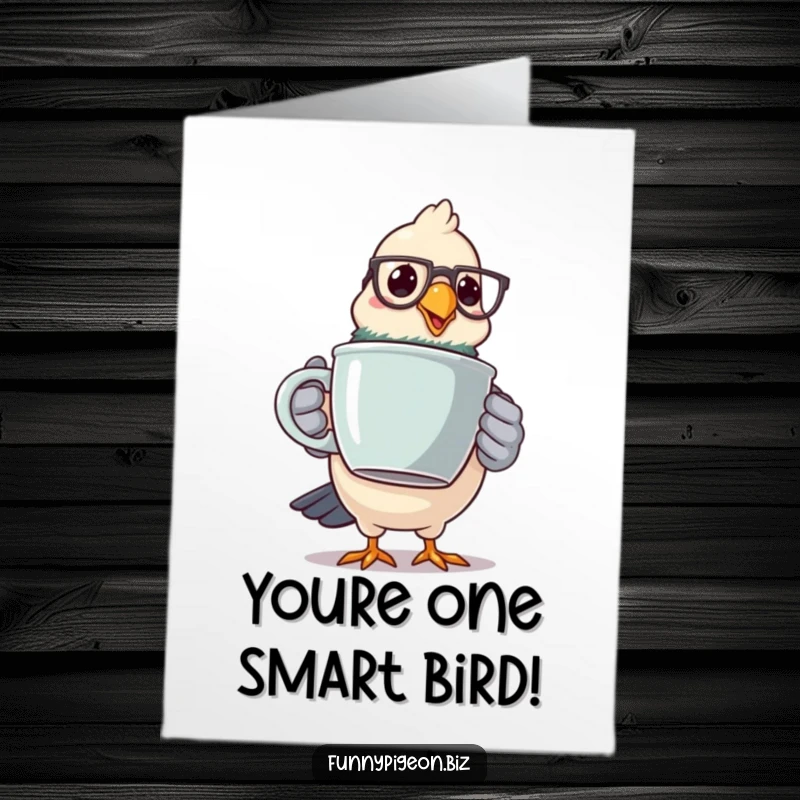 Funny Free Printable Congratulations Card: Pigeon with spectacles holding a giant coffee cup, celebrating a win, downloadable art.