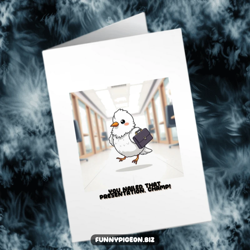 Funny Free Printable Congratulations Card: Pigeon in a suit with briefcase, celebrating success at work, a downloadable gift.