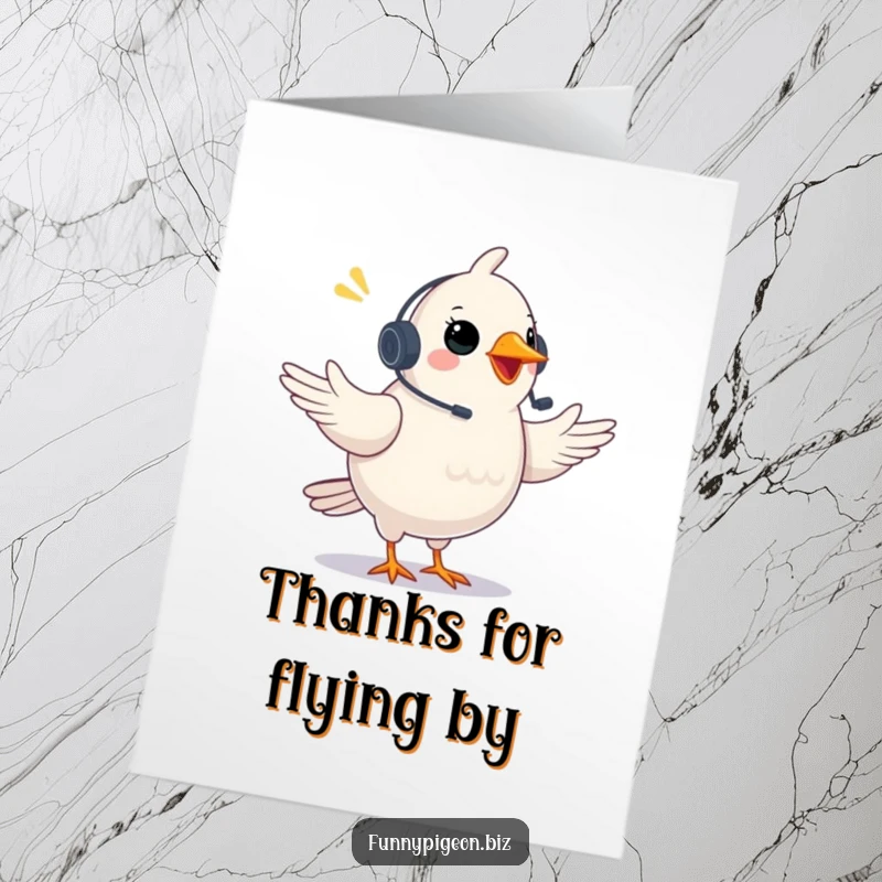 Funny Free Printable Thank You Card: A plump pigeon wearing a headset gestures excitedly during a virtual meeting.