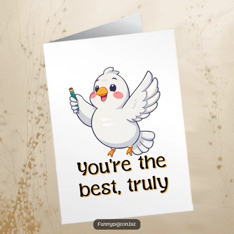Funny free printable thank you card: Chubby pigeon soaring proudly with a pen in its beak, expressing gratitude humorously.