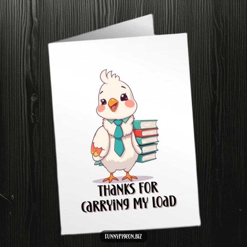 Funny free printable thank you card of a fluffy pigeon wearing a tie, struggling to balance a stack of files, expressing thanks.