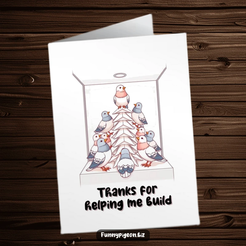 Funny Free Printable Thank You Card: Pigeons collaborating to build a paper tower in an office cubicle, expressing thanks, downloadable gift.