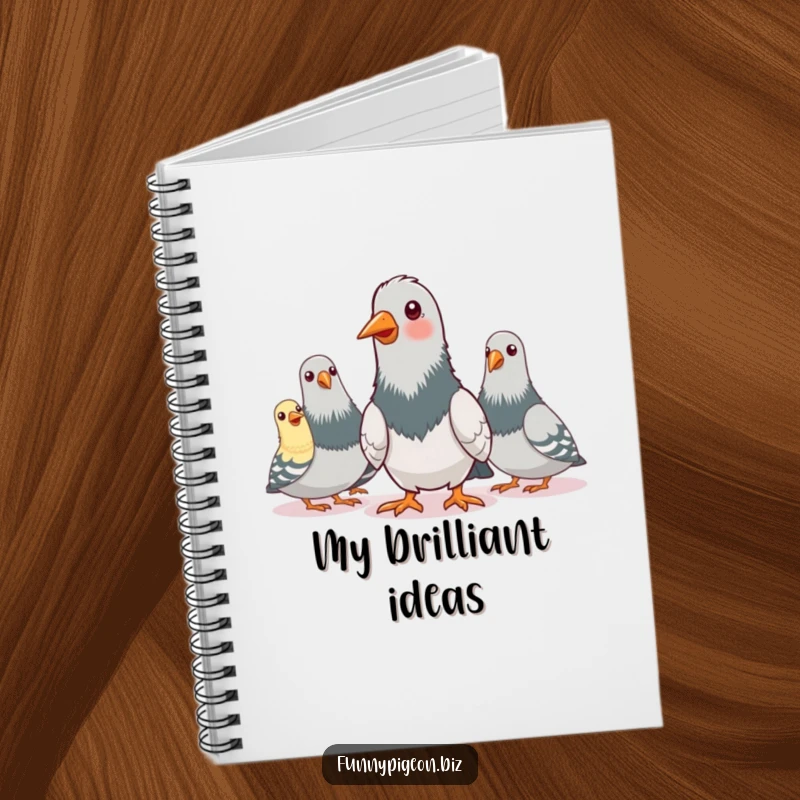 A pigeon enthusiastically nodding during a pretend conference call, featured on the cover of a funny notebook for jotting down ideas.