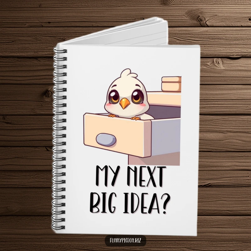 Funny pigeon notebook with a curious pigeon peering into an office drawer, perfect for jotting down secrets and ideas.