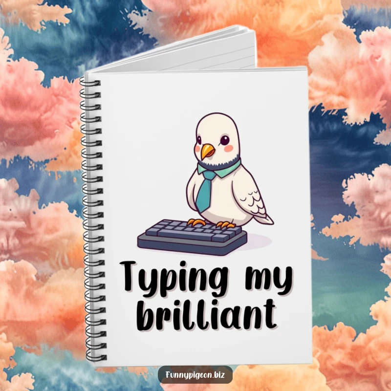 Funny Pigeon Notebook: A tiny pigeon in an office tie awkwardly pecks at a keyboard, perfect for notes with a humorous office theme.