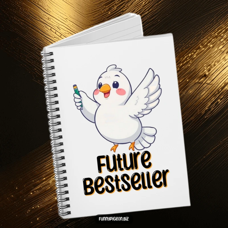 Funny Pigeon Writer Notebook: A chubby pigeon flies with a pen, perfect for jotting down funny ideas or creative stories.