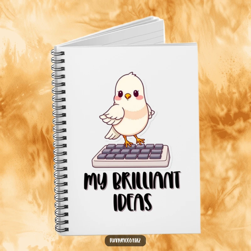 Funny notebook cover with a pigeon confidently perched on a computer keyboard, looking wise and ready to write.