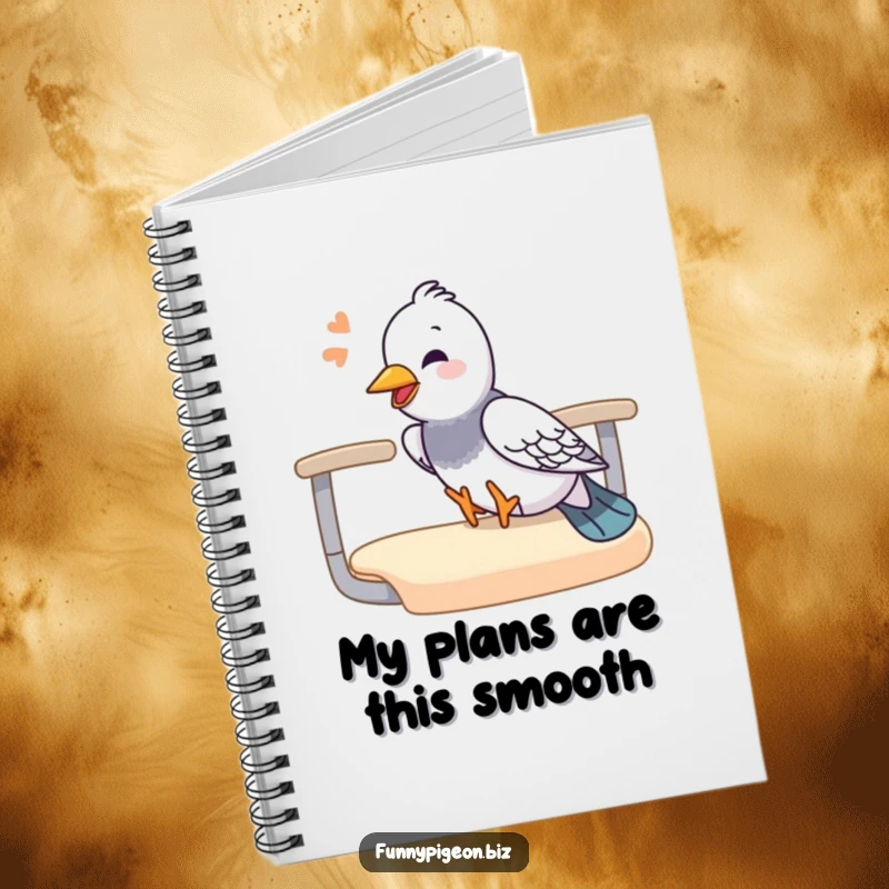 Funny pigeon notebook with a giggling pigeon sliding down an office chair armrest, perfect for jotting down fun ideas.