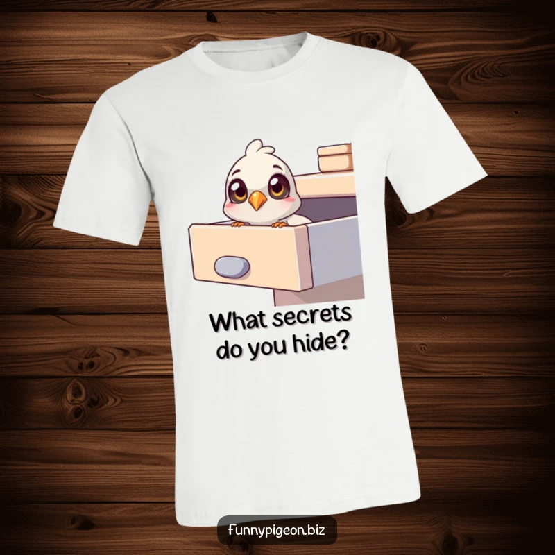 Funny pigeon t-shirt with a pigeon sporting wide, curious eyes, looking into an open office drawer, embodying playful investigation.