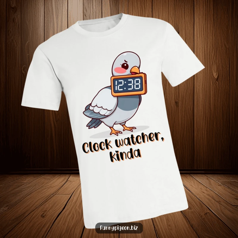 A humorous t-shirt featuring a pigeon pecking at a digital clock, as if to change the funny time, making a statement about punctuality.