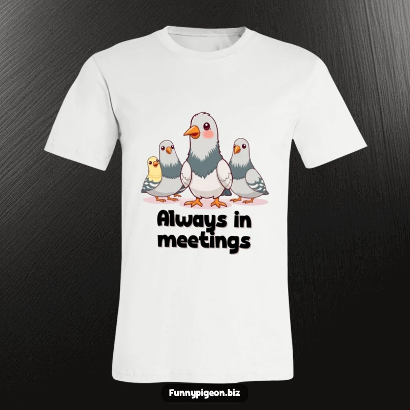 A humorous t-shirt featuring pigeons engaged in an animated, pretend conference call, nodding enthusiastically, perfect for bird-brained business talk.