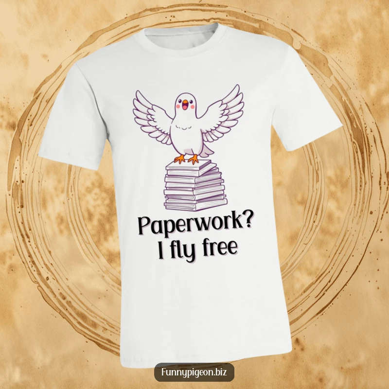 Funny pigeon t-shirt showing a happy pigeon with wings spread wide, flying above piles of documents, representing office escape.