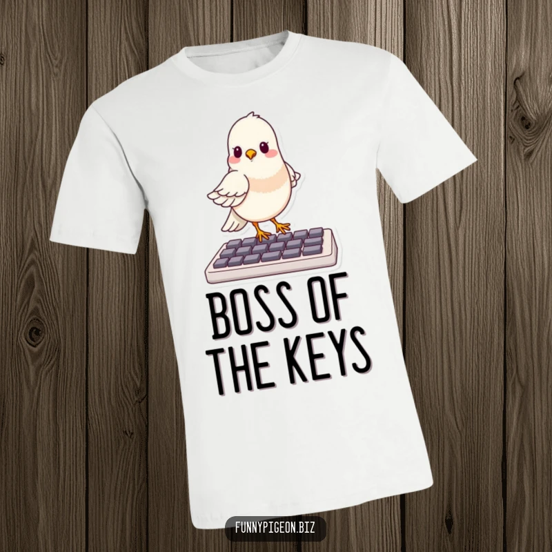 Funny t-shirt featuring a proud pigeon confidently balancing on a computer keyboard, looking like a tech wizard.