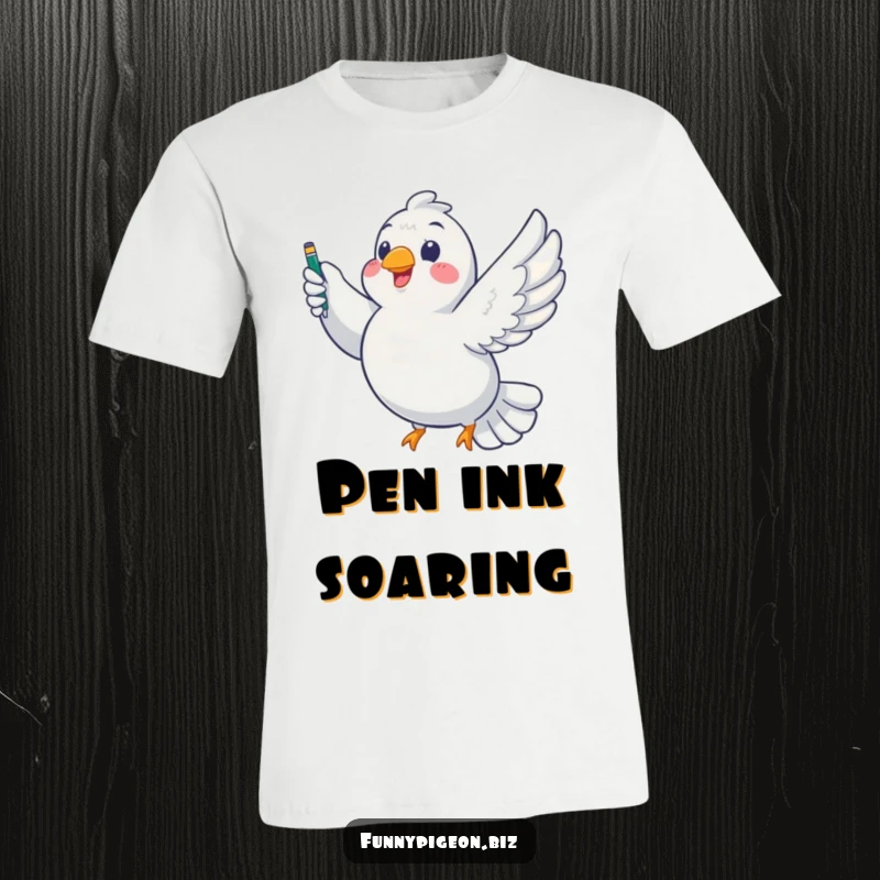 Funny Pigeon Writer T-Shirt: Chubby bird in flight, pen in beak, a humorous tribute to aspiring authors and their stories.