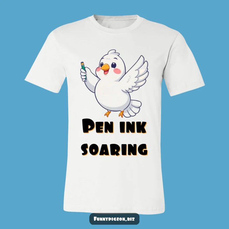 Funny Pigeon Writer T-Shirt: Chubby Bird Soaring with Pen - Hilarious Author Apparel!