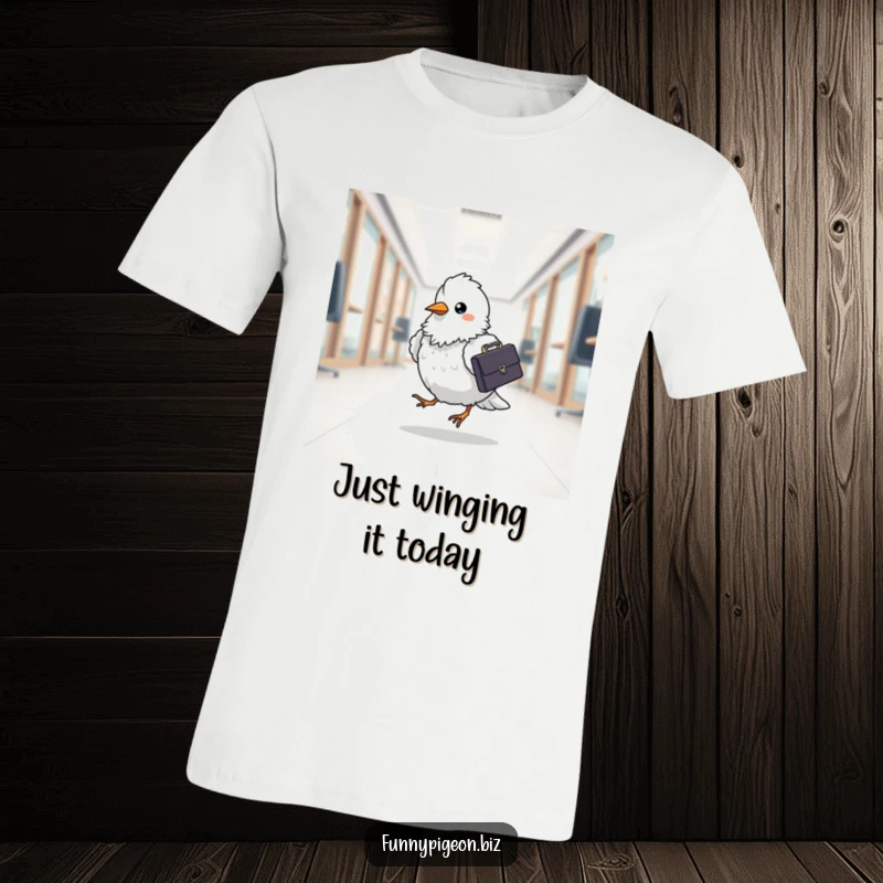 Funny pigeon office worker t-shirt showing a fluffy bird with a briefcase, joyfully commuting, perfect for anyone with work humor.