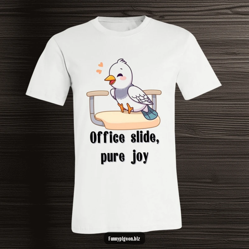 Funny pigeon t-shirt showing a pigeon giggling uncontrollably while sliding down an office chair armrest, embodying office amusement.