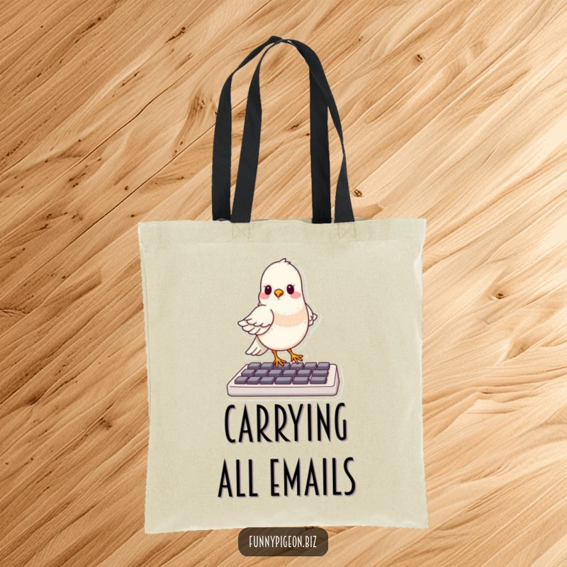 Funny tote bag showcasing a smug pigeon balancing perfectly on a computer keyboard, ready to conquer the digital world.