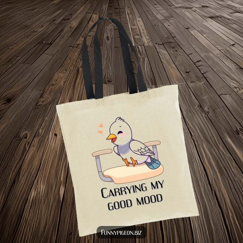 Funny pigeon tote bag showing a pigeon giggling while sliding down an office chair armrest, a fun and spacious tote.