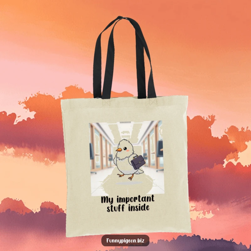 Funny pigeon briefcase tote bag featuring a fluffy bird with a tiny briefcase, hopping determinedly, a humorous accessory for daily use.