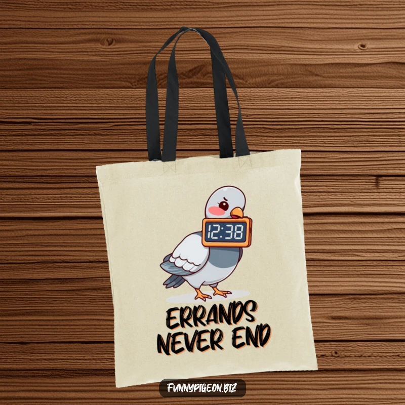 Durable tote bag featuring a pigeon pecking at a digital clock showing a funny time, ideal for stylish and humorous carrying.