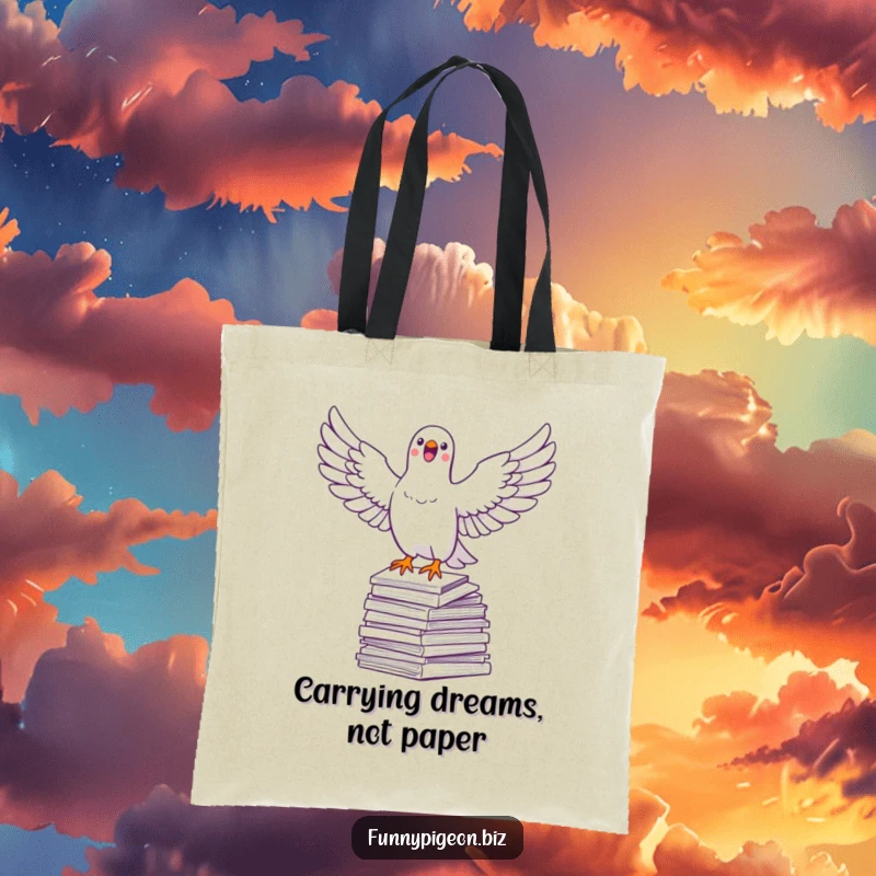 Funny pigeon tote bag depicting a jubilant pigeon soaring above stacks of paper, a spacious and humorous carry-all.