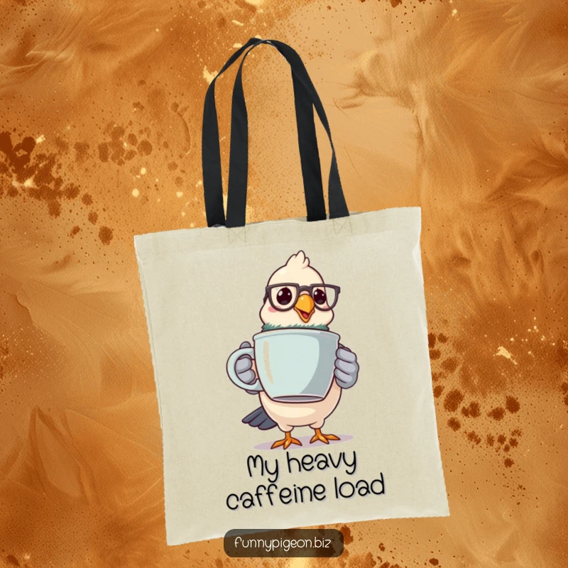 Funny pigeon coffee tote bag featuring a spectacled bird wobbling with a giant mug, perfect for carrying daily essentials.